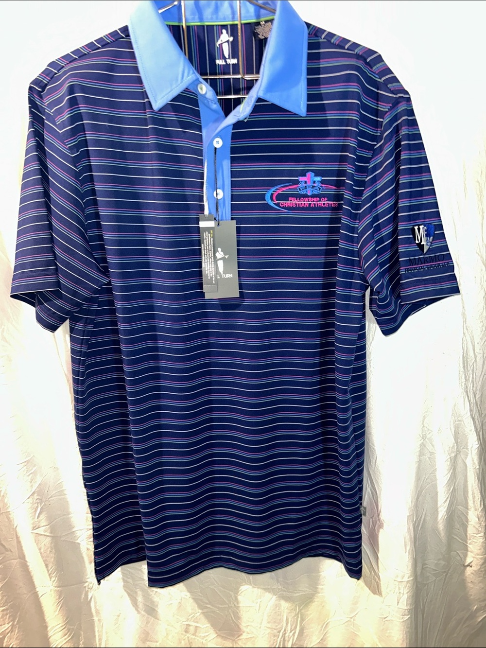 Men's Navy Stripe Polo with Light Blue Contrast Collar FCA